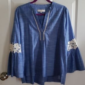 LOFT Ruffle Sleeve Chambray Blouse Size L
